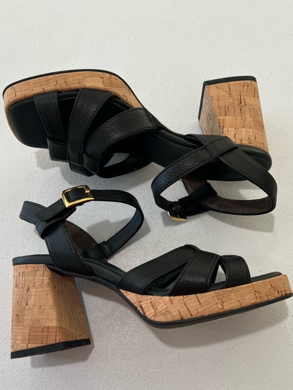 PAUL GREEN Black Leather Cork-Platform Strappy Sandals comfor insole 7 - Picture 4 of 13